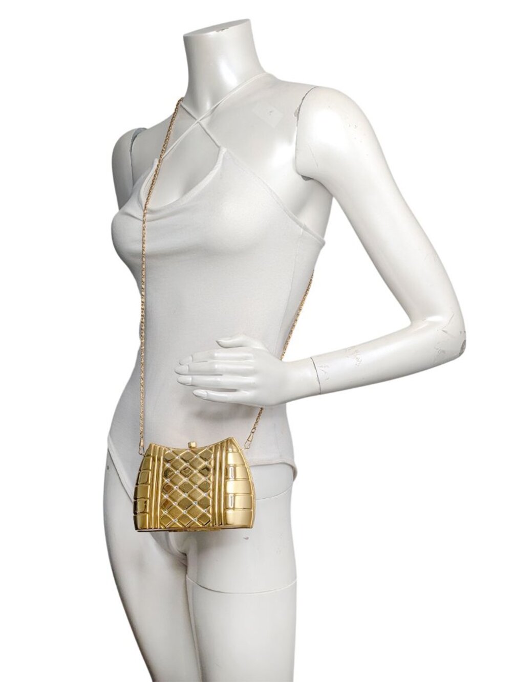 Vintage Gold Hard Shell Rhinestone Evening Bag Metal Box Clutch Crossbody Purse - Picture 4 of 14